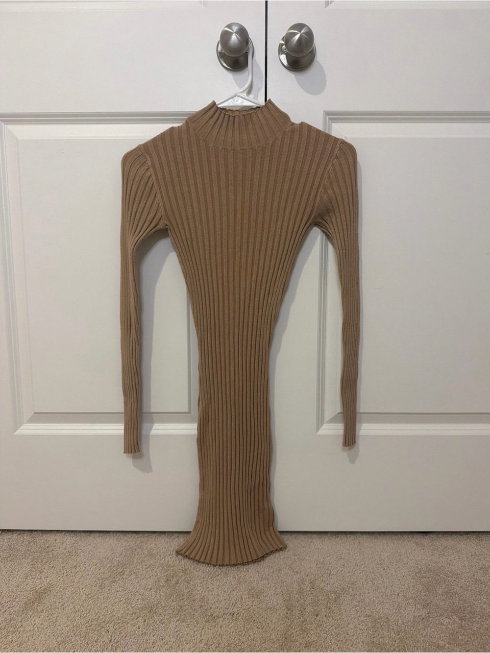 H&M Ribbed Mock Neck Midi Dress in Camel
